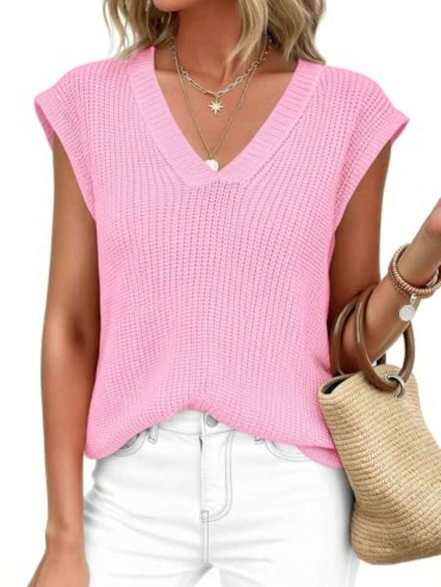 Women's Knit Sweaters Vest Lightweight Spring Cap Sleeve V Neck Tank Tops Summer Going Out Outfits - Pink - View 1