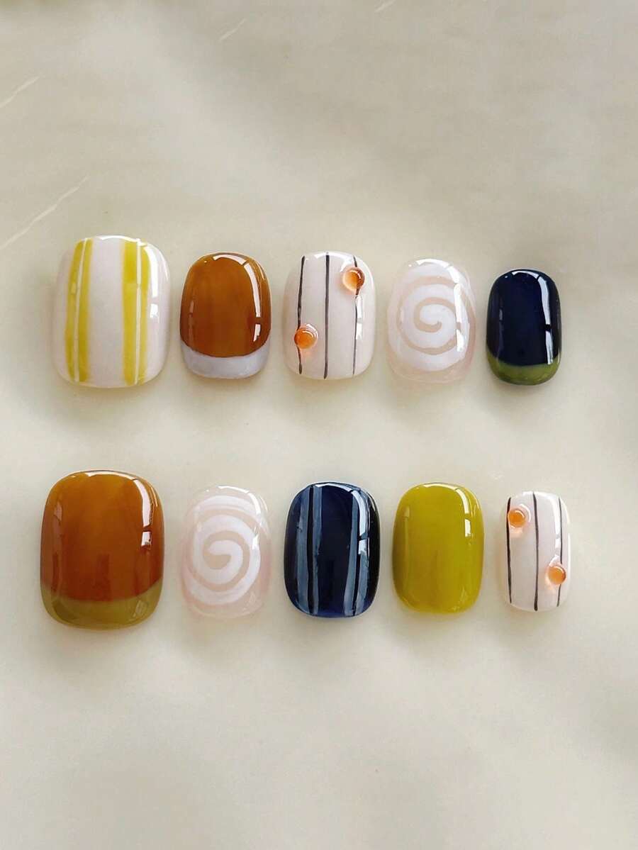 10pcs Pure Handmade Short Oval Press On Nails, Retro Art Style, Caramel Color Color Block, Geometric Stripe & Spiral Line With Small Orange Bead Patterns For Women And Girls, Spring Summer Fall Winter Festivals Party And Daily Life Use - 彩色 - 查看 1