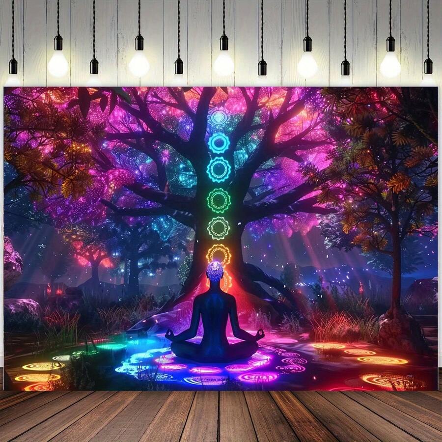 Colorful Tree Of Life Chakra Healing Wall Hanging - Ideal For Cosmic Meditation & Spiritual Decoration For Your Home, Garden, Or Event Background, Available In Sizes 39X5951, 18X5970, And 8X90.5 Inches, Made Of Polyester - White - View 1