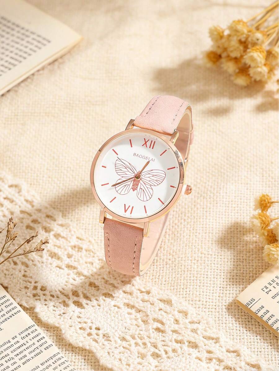 Reloj de cuarzo con esfera con estampado de mariposa elegante, correa de cuero, reloj de moda minimalista, set de 1 pieza para uso diario, regalo para adolescentes - Multicolor - Ver 1