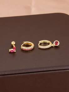 Bộ 3 khuyên tai vòng đính đá Zirconia đỏ hình dưa hấu lấp lánh mới, mạ vàng 18K, mặt dây chuyền hình tròn, thích hợp cho nữ và bé gái. - 3 chiếc màu vàng - Xem 3