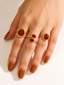 3-teiliges elegantes geometrisches Ring-Set aus Edelstahl, 18K vergoldet, mit rotem Öltropfen-Herz und Blumen, geeignet für den täglichen Gebrauch von Frauen, Valentinstag - Bordeaux - Übersicht 1