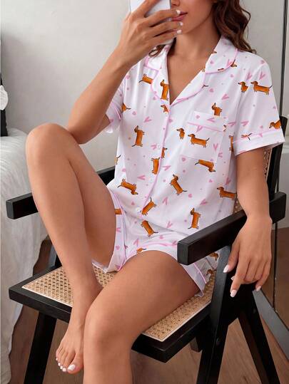 HOREA 2pcs/Set Cute Dachshund & Heart Print Women Pajama Set, Romantic Valentine's Day Gift, Long Sleeve Lapel Cardigan Top And Elastic Waist Pants, Casual Sleepwear And Loungewear For Women, Spring/Summer