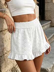 Womens Ruffled Shorts Loose Casual Embroidered Elastic Waist Summer Shorts For Beach Travel Vacations - White - View 2