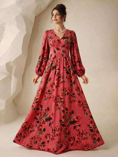 SUPGIR [Random Floral Cut] V-Neck Rose Red Floral Lantern Sleeve Elegant Chiffon Dress