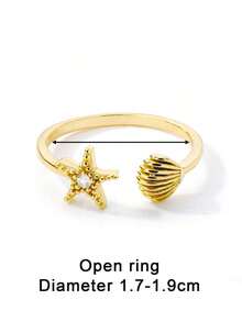 1Pc Marine Life Starfish Shell Ring With Zirconia, Dainty Ocean Sea Shell Open Adjustable Finger Ring, Ladies Jewelry Fashion Accessories - Yellow Gold - View 7