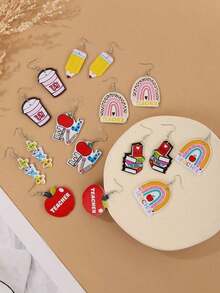 8 Pairs Teacher's Day & Back To School Pencil, Book, Coffee Cup, Apple, Math Symbol, Love, Rainbow, Leopard Print Stud Earrings Gift Set For Teachers & Students - 8 件套 - 查看 3