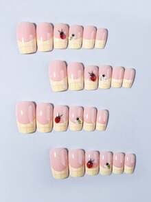 24pcs Square Cute Bee & Beetle Nail Art Stickers With Pearl Decor, Suitable For Acrylic Nails, Includes 1 Gel Polish And 1 Nail File - Multicolor - View 3