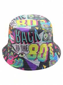 1pc Unisex Retro 80s Style Letter Graphic Print Reversible Bucket Hat, Random Pattern Placement, Suitable For Spring/Summer - A - View 4