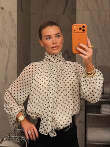 HLPHA Women's Casual Elegant Polka Dot Tie Neck Long Sleeve Blouse / Spring Summer Autumn Loose Fit Top / Vintage Knotted Collar Shirt / Party Vacation Daily Basic White - White - View 2