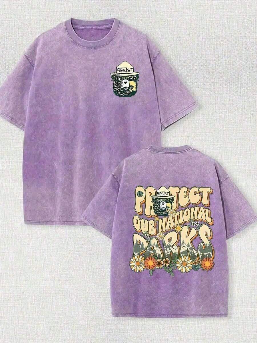 Summer Tops1pcs230g Washed, Defend Our National Park Printed T-Shirt With Little Bear, High-Quality Wax Printed Cotton Retro Fashion Brand T-Shirt, Be - 紫色 - 查看 1