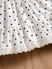 Toddler Girls' Sweet Fresh Cute Heart Print Dress, Puff Sleeve Doll Dress, White Dotted Fabric, Princess Style For Spring/Summer Daily Wear, Loose Comfortable Silhouette, Lace Trim Hem, Soft & Adorable Style Suitable For School, Outdoor Play, Family Gathering, Vacation Photo Shoot And More Occasions - White - View 7