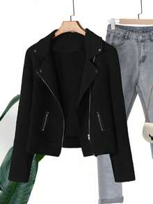Chaqueta negra elegante, versátil y estilizadora de diseño con sentido de la moda para tallas grandes, para primavera - Negro - Ver 4