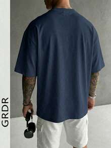 GRDR 男士时尚印花短袖衬衫，适合休闲、野餐、户外活动 - 藏蓝色 - 查看 4