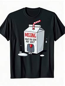 Camiseta divertida con estampado de dibujos animados de leche protésica para amputados, cuello redondo, corte regular, estilo vintage para todas las estaciones, manga corta, adecuada para adultos, cómoda y holgada, ideal para deportes al aire libre y vacaciones - diseño de ajuste cómodo para todas las estaciones. - Negro - Ver 1