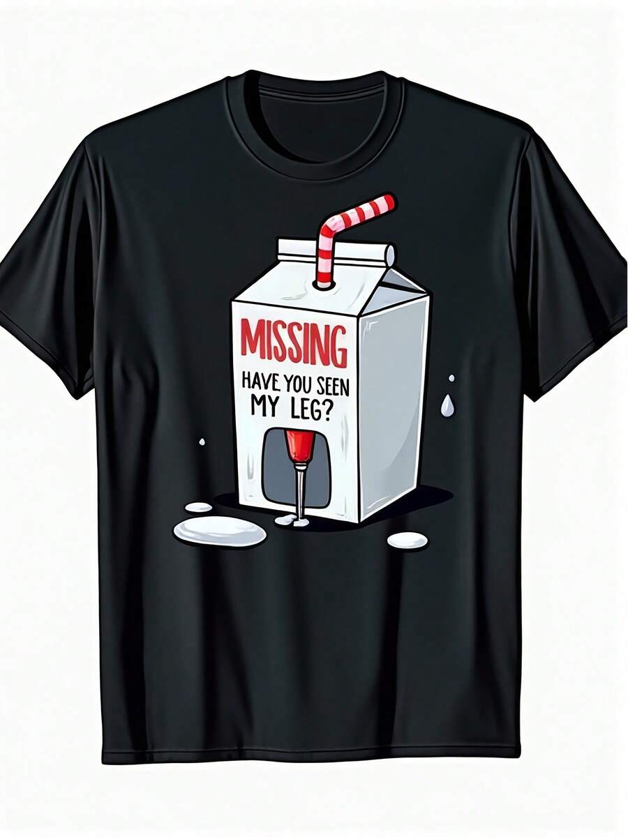 Camiseta divertida con estampado de dibujos animados de leche protésica para amputados, cuello redondo, corte regular, estilo vintage para todas las estaciones, manga corta, adecuada para adultos, cómoda y holgada, ideal para deportes al aire libre y vacaciones - diseño de ajuste cómodo para todas las estaciones. - Negro - Ver 1