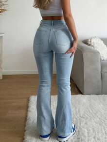 Quần jeans ống loe cạp cao, co giãn, kiểu dáng thời trang đường phố Y2K, thanh lịch, màu xanh nhạt, thích hợp cho mùa xuân. - Rửa nhẹ - Xem 1