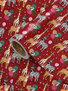 Children's Birthday Wrapping Paper, Red Background With Cute Cartoon Animals, Coated Paper 43cm*3m (1 Roll) Suitable For Children's Birthday Gift Wrapping, First Birthday Party Wrapping, Kindergarten Graduation Gift Wrapping, Children's Day Gift Wrapping. - A - View 2