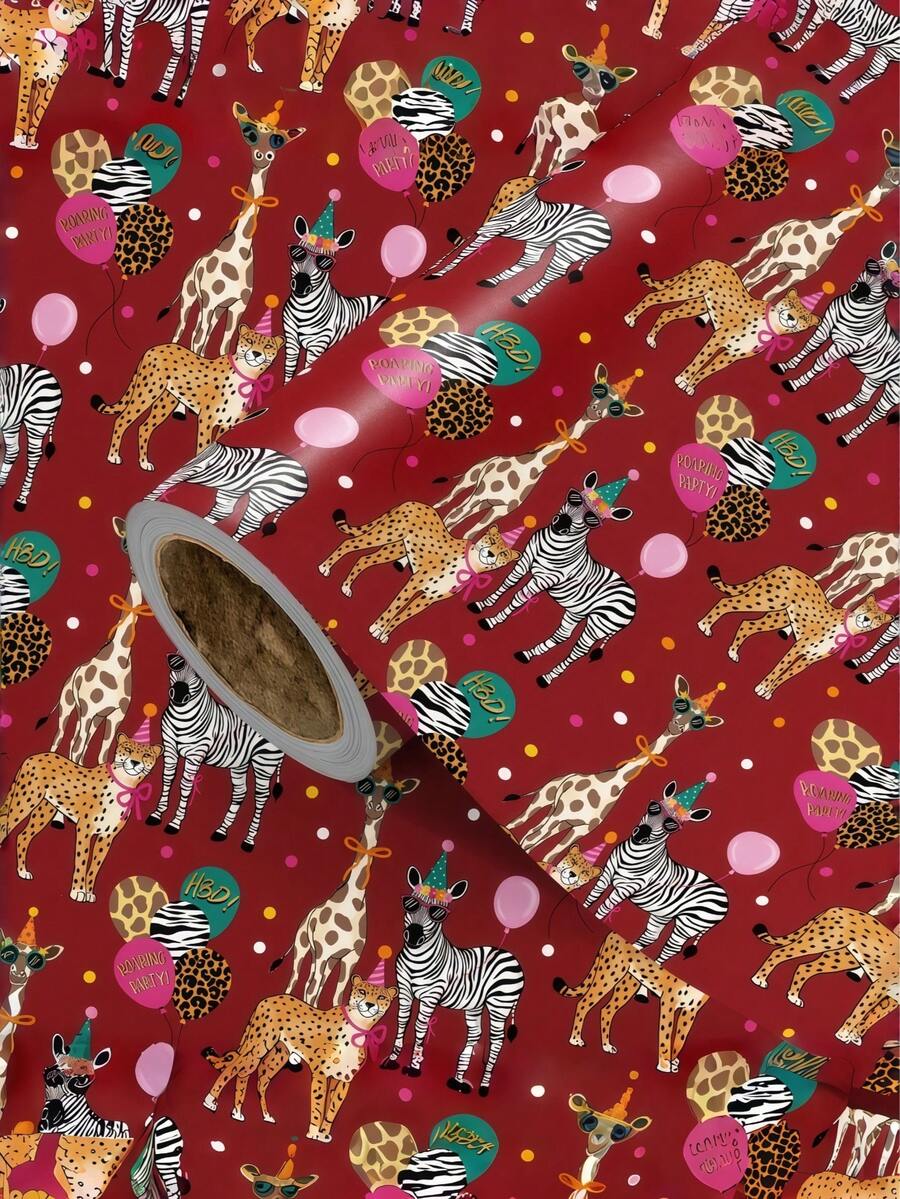 Children's Birthday Wrapping Paper, Red Background With Cute Cartoon Animals, Coated Paper 43cm*3m (1 Roll) Suitable For Children's Birthday Gift Wrapping, First Birthday Party Wrapping, Kindergarten Graduation Gift Wrapping, Children's Day Gift Wrapping.