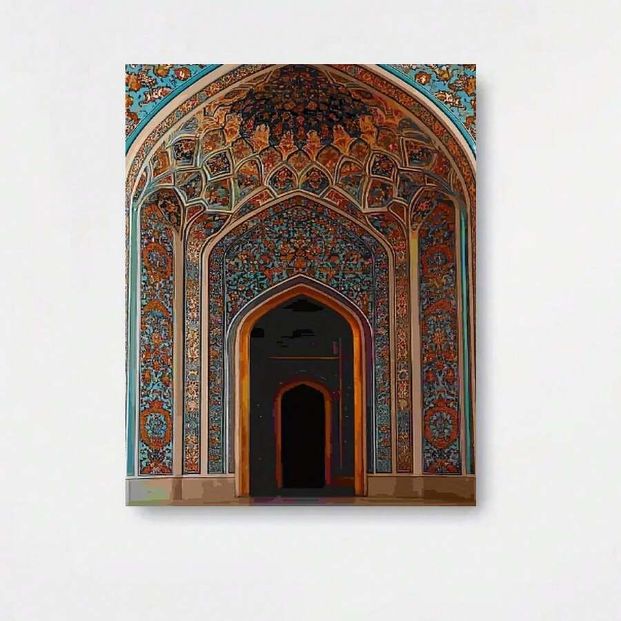 1 pieza de Arte de Pared de Arquitectura Islámica - Mural de Mezquita Persa con Patrones de Oriente Medio en Azul Turquesa, Dorado, Rojo y , Caligrafía Islámica en Lienzo Enmarcado en Madera Envolto a Mano para Exterior - Decoración con Escritura Árabe (Sala de Estar) - Enmarcado - Ver 1