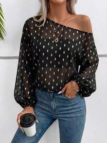 女士休闲箔印不对称领口衬衫，夏季海滩度假波西米亚风透视性感不对称宽松长袖T恤 - 黑色和金色 - 查看 3