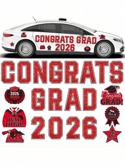 2026届毕业季装饰红色闪光风格 - 祝贺毕业照相亭道具套装，包含2026届毕业派对帽形道具，适用于毕业典礼和庆祝活动，也适用于高中和大学毕业生。