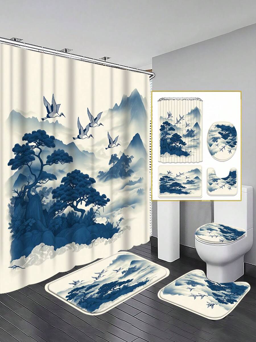 1/3/4 件套山鹤水彩浴室浴帘套装，新款中式风格，包含 12 个挂钩，72 英寸 x 72 英寸，另附马桶盖、浴垫和地毯。采用优质涤纶面料，可水洗且防霉，适用于节日装饰、浴室、房间、卧室装饰、浴室配件、厨房装饰、西式卧室窗帘、西式住宅以及母亲节主题装饰。