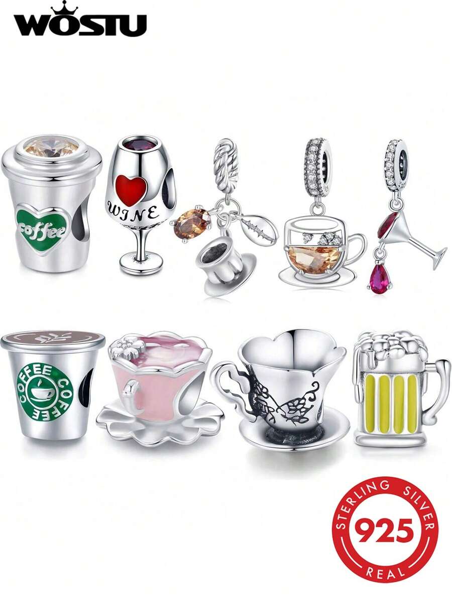 WOSTU 1 mặt dây chuyền hình tách trà hoa bằng bạc sterling 925 nguyên chất, đính đá Cubic Zirconia, thích hợp để tự làm vòng tay cho nữ, món quà trang sức tinh tế.