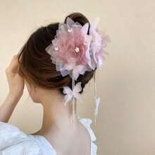 1pc Rhinestone Decor Mesh Flower Butterfly Tassel Sweet Fashion Versatile Hair Clip Valentine's Day Valentines Hair Claws Claw Clips Hair Clips Hair Jaw Clip Hair Clamps Hair Clutch Hair Catcher Clip Fall Winter Hair Accessories For Women For Vacation Outfits Woman Valentines Gift Summer - 棕色 - 查看 1