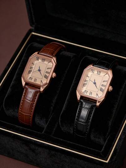 [Set de 2] Relojes de cuarzo vintage de mujer con esfera cuadrada en oro rosa - Con correas de cuero marrón y negro de dos tonos y marcadores de números romanos clásicos, estos relojes transmiten una estética elegante y de "lujo ligero". Son un regalo refinado para el día a día para tu mejor amiga, novia o madre. No incluye caja de regalo.