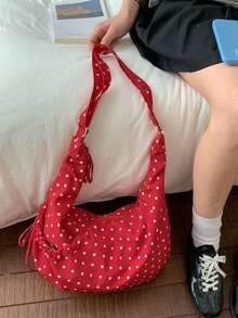 返校季韩版波点小众设计百搭单肩包，适合大学生、休闲手提包、帆布通勤包 - 紅色 - 查看 2