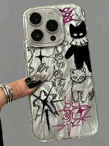 1件装银色二合一优雅羽毛网眼IMD防震黑猫图案手机壳，兼容 15 Pro Max、X、XR、11、12、13、14、15、16、17、13 Pro Max、16 Pro Max、17 Pro Max及其他型号 - 銀色 - 查看 1