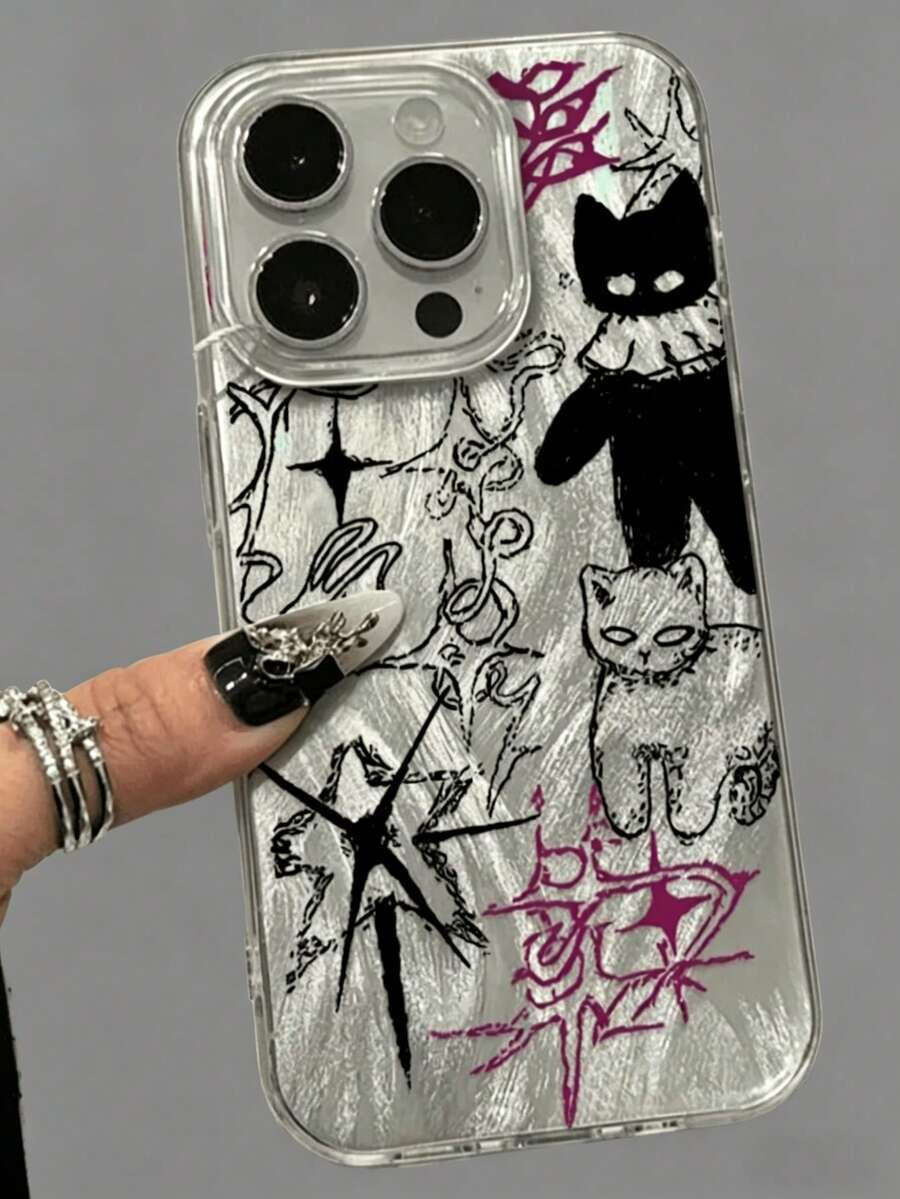 1件装银色二合一优雅羽毛网眼IMD防震黑猫图案手机壳，兼容 15 Pro Max、X、XR、11、12、13、14、15、16、17、13 Pro Max、16 Pro Max、17 Pro Max及其他型号 - 銀色 - 查看 1