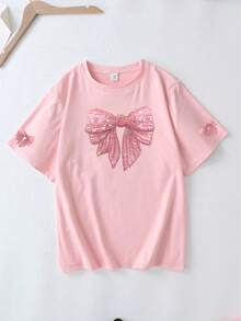 Plus Size Women's Bow Print Round Neck Short Sleeve Casual T-Shirt. Suitable For Summer Vacation, Beach, Resort, Spring, Valentine's Day, Carnival. Suitable For Daily Wear, Outing, Festivals, Beach, Party, Birthday, Beach, Gathering, School, Music Festival Pink - Pink - View 2
