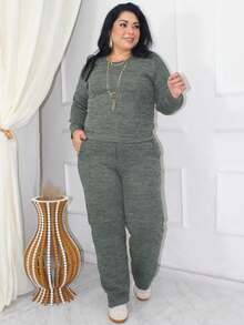 Plus Size Set: Long-Sleeved Blouse And High-Waisted Wide-Leg Pants With Pockets, In Premium Ribbed Knit - Elegant Women's Sweater, Comfortable For Winter, Cold Weather, Everyday Wear, Sizes GG, G1, G2, Cotton, Heather Green. - 綠色 - 查看 8