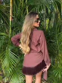 Women's Set: Long-Sleeved Open Shirt And Short Fringe Skirt - Elegant Casual Beach Look - Summer Fashion - 鏽棕色 - 查看 2
