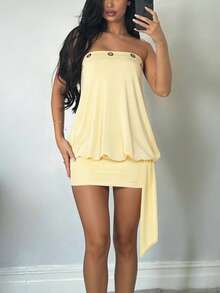 Vestidos ajustados sin tirantes con anillos circulares amarillos colgantes y cinta irregular, estilo de vacaciones en la playa - Amarillo - Ver 4