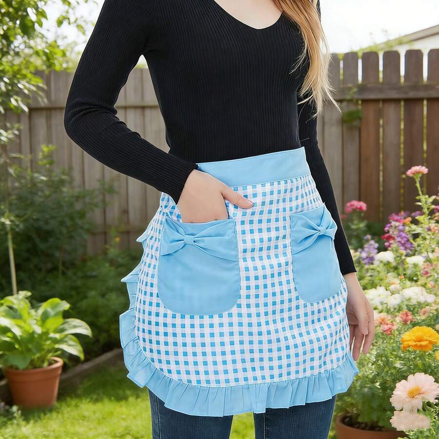 Soft Blue And White Plaid With 3D Bow Tie, Ruffled Hem Flattering, Classic Black And White Plaid Retro Elegant, 3D Bow Tie Decor Playful And Lively. Durable, Easy To Clean And Maintain, Suitable For Bars, Banquets, French Restaurants And Other Occasions, Minimalist And Stylish. - Blue and White Checkered Bow Style - View 1