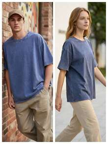 Vintage Washed T-Shirt | 100% Cotton Oversized Basic Tee | Retro Streetwear - Blue - View 4