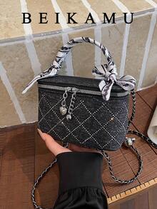 1pc BEIKAMU Rhombus Pattern Handbag Box Design, Makeup Coin Purse, Elegant Chain Shoulder Crossbody Bag - Black - View 7