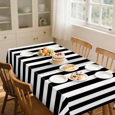 1/3片装黑白条纹一次性塑料桌布，适用于节日派对野餐装饰，54x108英寸