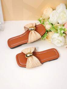 Girls' White Woven Strap Metal Buckle Sandals, Sweet Open Toe Casual Summer Children Shoes - Brown - View 2