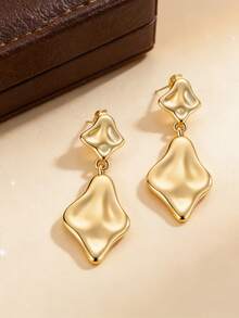 1 Pair Original 925 Sterling Silver Women's Elegant Gold-Plated Asymmetrical Pendant Earrings, Handmade Geometric Textured Dangle Earrings, Suitable For Sensitive Ears, Fashionable And Minimalist, Perfect For Weddings, Formal Occasions, Office, Daily Wear, Ideal Gift For Mother's Day And Valentine's Day - Gold - View 2