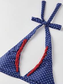 Traje de baño de dos piezas para mujer, bikini con estampado de lunares, cuello halter, sin mangas, sujetador y tanga, conjunto de traje de baño para playa - Azul - Ver 7