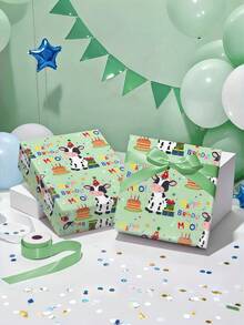 兒童生日包裝紙，綠色背景配戴生日帽的卡通牛，塗層紙 43cm*3m (1 捲)。適用於兒童生日派對、幼兒園畢業禮物、親子主題派對、兒童 DIY 包裝及兒童生日裝飾。 - A - 查看 3