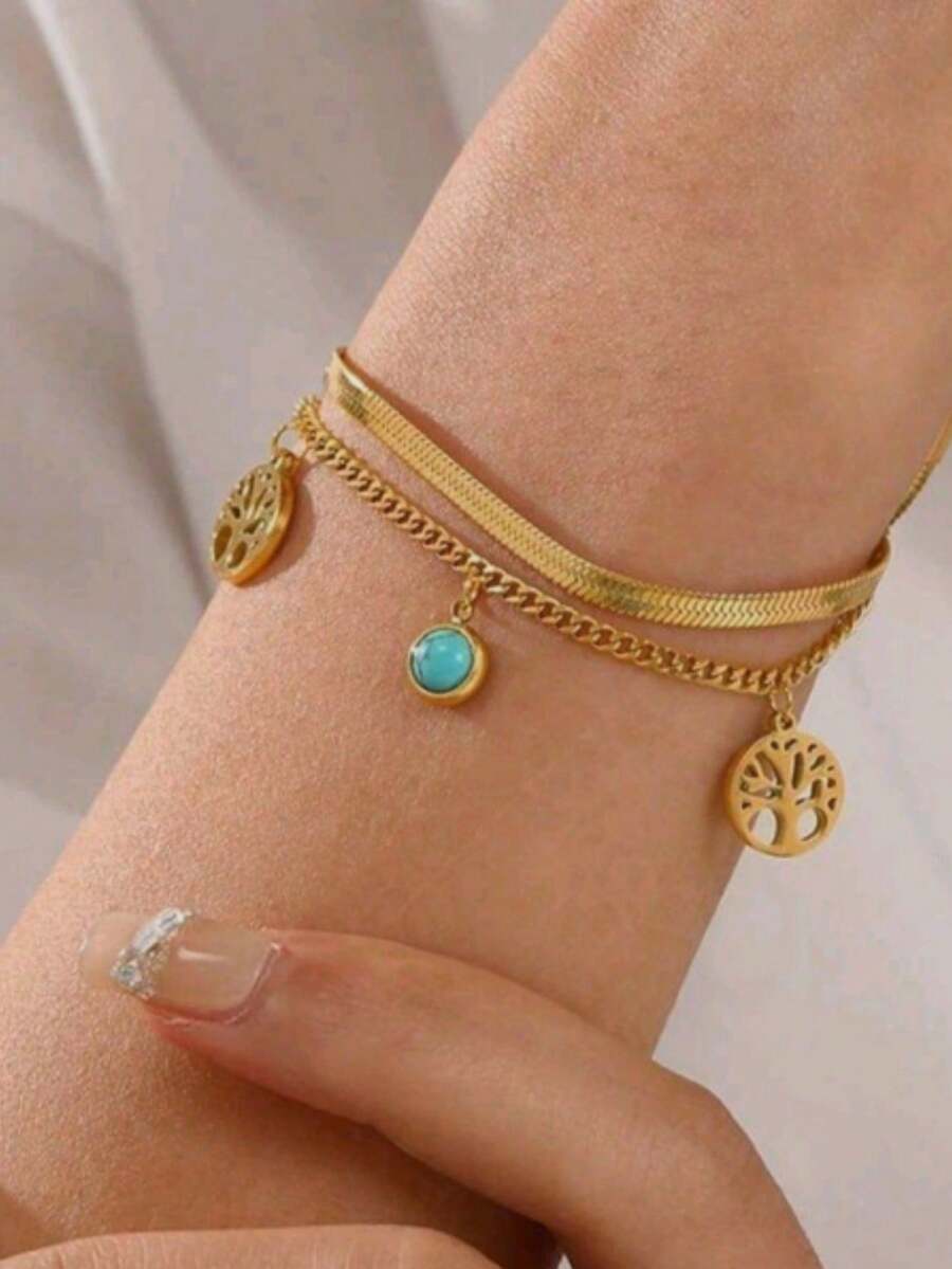 Tsnamer 1条简约不锈钢生命之树吊坠手链，女士款，送给女朋友的礼物 - 金黃色 - 查看 1