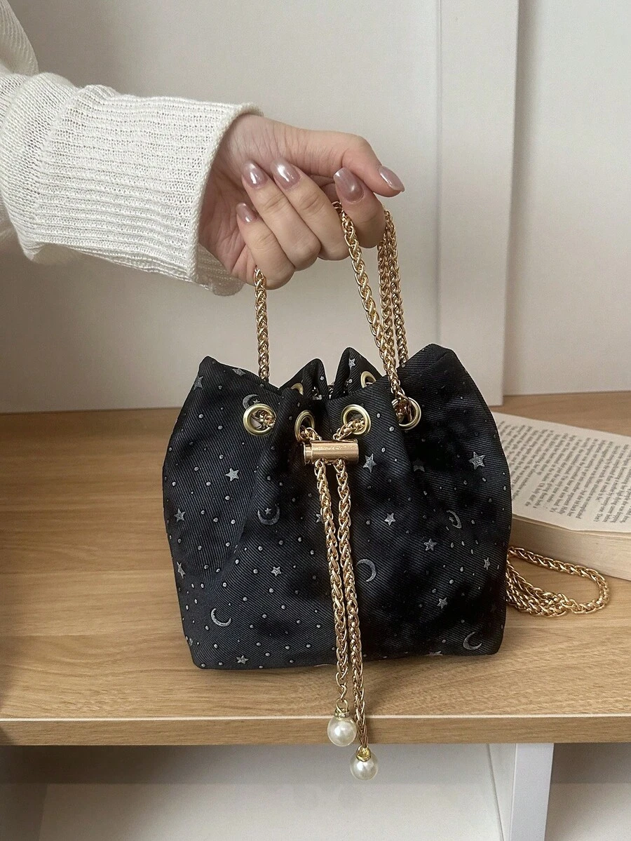 1pc Black Star & Moon Cloud Print Drawstring Bucket Bag, Soft Pearlescent Chain Strap Women's Crossbody Shoulder Handbag, Mini Tote Bag For Daily, Party, Shopping, Dating - Black - View 1
