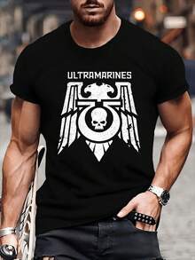Graphic Tees Men's Ultramarines Logo Pattern T-Shirt - Black With White War Theme - Heavy Metal Inspired Casual Shirt - Soft, Breathable, And Comfortable, Suitable For Streetwear, Gaming, And Everyday Use, Crew Neck Design, Ideal Gift, Collectible T-Shirt, Plus Size - 黑色 - 查看 1