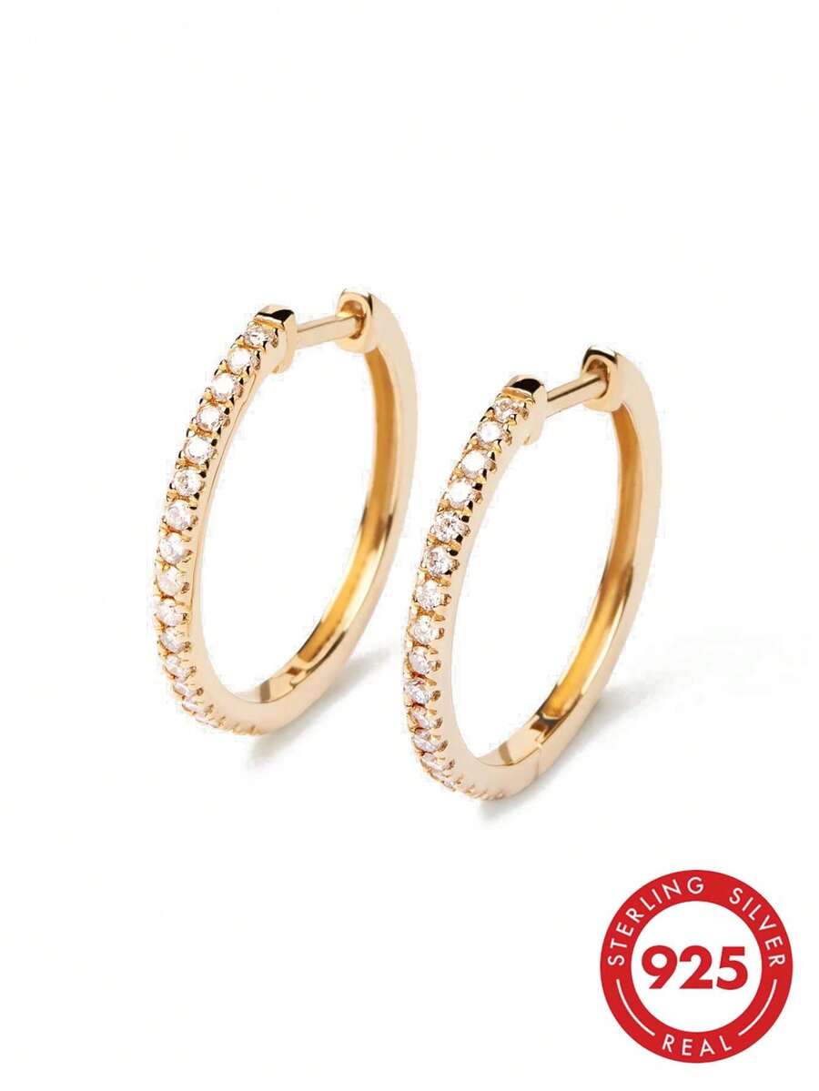 Bông tai khoen tròn cỡ trung sang trọng, thanh lịch bằng bạc Sterling 925, đính đá Cubic Zirconia, kiểu dáng thời trang dành cho nữ. - Bông tai vòng Zircon - Xem 1