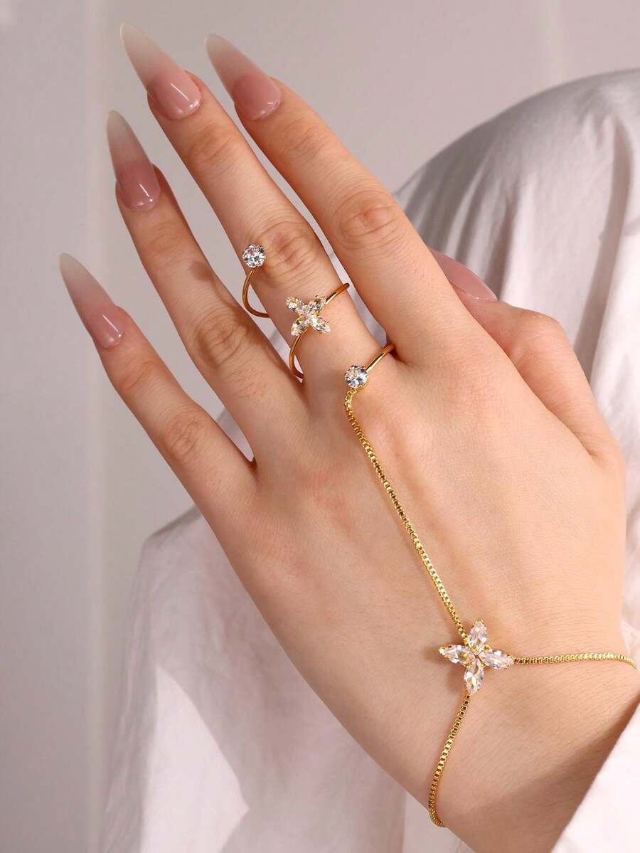 1件套奢华设计小众优雅甜美水钻流苏手链戒指套装，适合日常、节日、派对佩戴，女士珠宝 - 彩色 - 查看 1